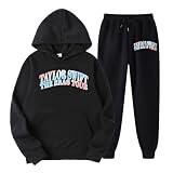 Generisch Conjunto de chándal para mujer, traje deportivo TS con capucha, camiseta de ocio y pantalones largos con estampado de letras, juego de 2 piezas, Negro , XL