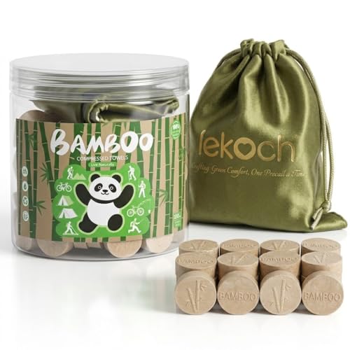 LEKOCH 100 Toallas Comprimidas Desechables de Bambú en Tabletas con Bolsa de Almacenaje para Viajes y Camping - Mini Toallitas Faciales Portátiles Marrón (100 pcs - marrón, 20 * 22cm)
