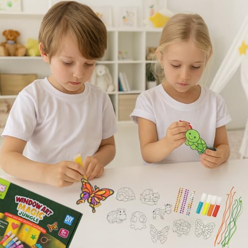 Image of Storio Window Art Magic Jungle Set | DIY Animals Sun Catcher Kit with Glass Paints & Decorative Gems | Art and Craft Kit