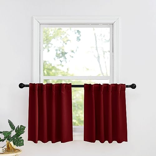 Image of RYB HOME Small Window Curtains - Blackout Insualting Privacy Curtains for Kids Bedroom Kitchen Bathroom Basement Cafe Cabinet Tiers Drapes, 34 Width x 24 Length, 2 Panels, Burgundy Red