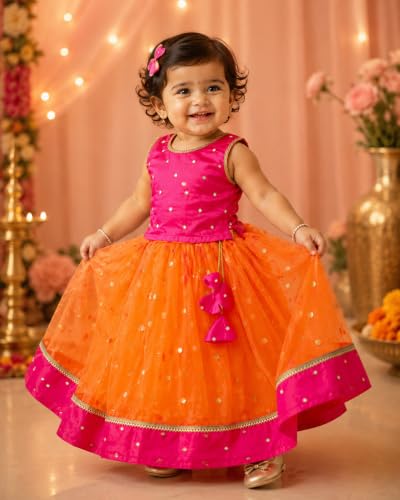 Image of Girls Designer Lehenga Choli Set Orange Rani Pink Readymade Pattu Pavadai Style Traditional Ethnic Dress for Baby Girls Kids Festive Wedding 3Months-8 Years