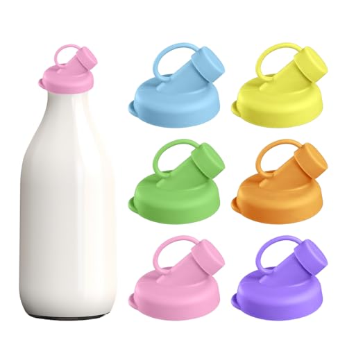 Silicone Milk Bottle Caps with Pour Spouts: 6 Pack Reusable Leakproof Bottle Caps for Glass Milk Bottles and Jugs – Airtight Lids with Snap-On Spout Covers for Juice Tea Iced Coffee (Jug Not Included)