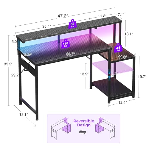 Image of AODK 48 Inch Gaming Desk with LED Lights, Computer Desk with Storage Shelves, Reversible Desk with Monitor Stand, Carbon Fiber Black