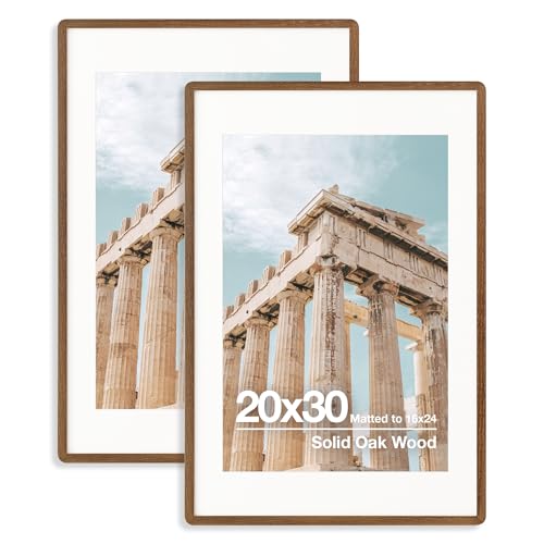 FLYJOE 20x30 Poster Frame | Solid Oak Wood 30x20 Picture Frame | 20x30 Picture Frame With Mat For 16x24 | Tempered Glass And Hanging Hardware Included | 2 Pack Walnut Wooden Photo Frame