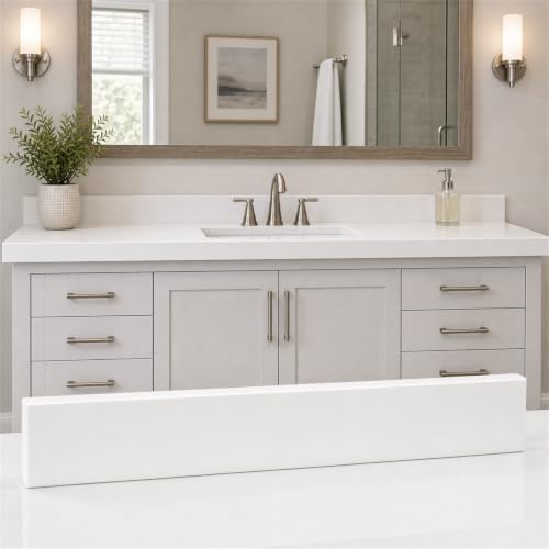 COUKIU white engineered marble sidesplash with polished front and beveled top — shows the finished edge profile for a vanity