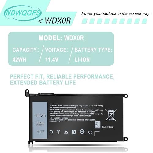 Image of WDX0R 42Wh Laptop Battery for Dell Inspiron 13 5368 5378 15 5567 7560 17 5767 Series Vostro 14 5468 Latitude 3189 Replaces T2JX4 FC92N 3CRH3 | 11.4V Li-ion
