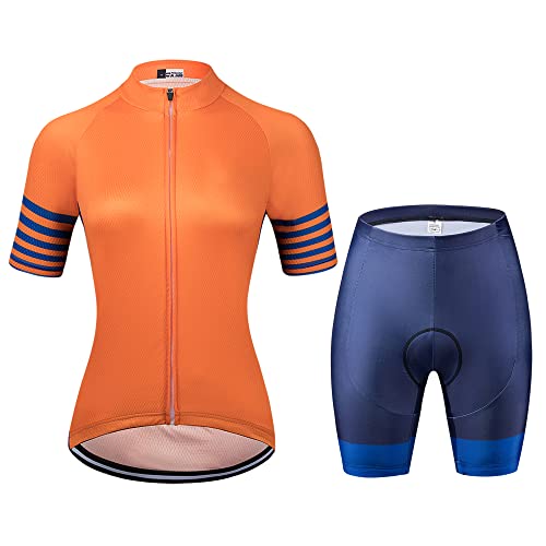 Maillot cyclisme orange femme respirant contre la transpiration et short VTT d'été