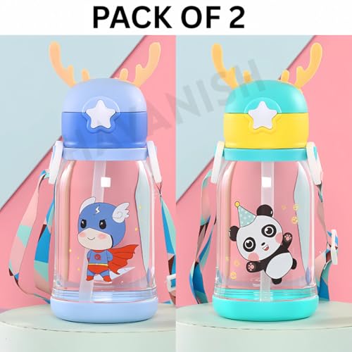 Image of Antlers BPA Free Reusable Leak Proof Silicon Transparent Water Bottle 600ml with Strap for Kids School- Pack of 2 (Blue & Green)