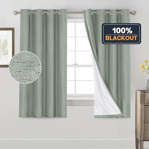Image of PrinceDeco Blackout Curtains 63 Inch Length 100% Blackout Linen Curtains with White Liner Thermal Insulated Textured Blackout Curtains for Windows 2 Panels Set,52 inch W x 63 inch L,Green Bay