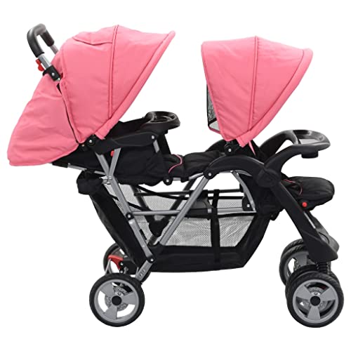 Susany Geschwisterwagen mit 2 klappbare Verdecke Kinderwagen Babywagen Buggy Zwillingswagen Zwillingsbuggy Kleinkinder-Wagen Rosa und Schwarz Stahl