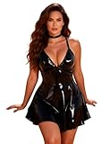 comeondear Robe Femme Grande Taille Simili Cuir Tenue Moulante Mini Robe Courte Wetlook Clubwear Ensemble de Lingerie Dos Nu Col V avec Anneau de Cou(Noir PU,XL)