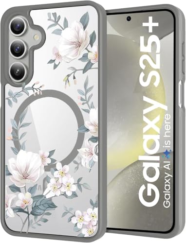 Image of VONZEE Compatible with Samsung Galaxy S25 Plus 5G Case Luxury Retro Flowers Floral Clear for Magnetic Wireless Charging Clear Case Shockproof PC+TPU Cute Glossy Shiny Cover for Girls Women, Grey