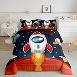 Space Comforter Set Boys 2 Piece Space Ship Rocket Print Twin Size Bedding Set with Pillow Sham,Moon Stars Duvet Insert,Universe Planet Astronaut Quilted for Children Adventure Space Ship Design Bed