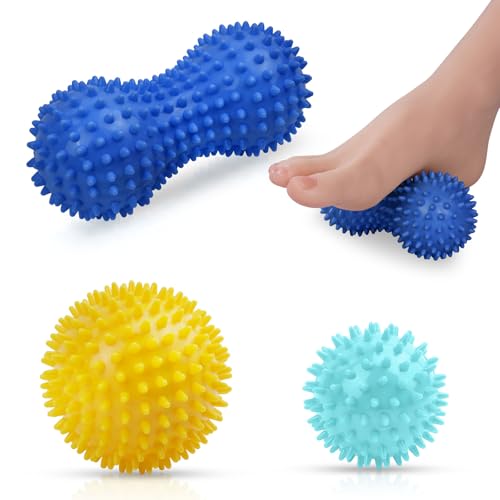 URAQT Massagebälle Faszienball 3er Set Igelball Set Spiked Massage Ball Hart Massagebälle mit Noppen für Rücken Beine Füße Hände(Hellblau+Dunkelblau+Gelb)