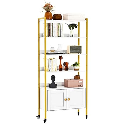 YUKOJUR 5-Tier Bookshelf with 2 Louvered Doors, Gold Frame and Wood Storage Shelf with 4 Wheels for Living Room, Bedroom, Home Office, White Cover