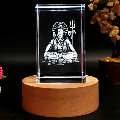 Image of GROB God Idol 3D Crystal Cube with LED Light Base in Festivals, Personalized Gift,Home Decoration, Showpiece for Home(Transparent 50 X 50 X 80 mm) (Shiv)