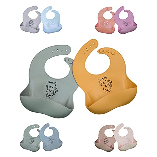 Image of Chitteri Cute Kitty Silicone Feeding Bibs (2 Pack) for Babies and Toddlers(6-77 Months) Adjustable Comfy Easily Clean Waterproof (Darkolivegreen/Goldenrod)