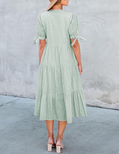 Image of Theenkoln Womens Casual Midi Dress: Short Sleeve V-Neck Empire Waist Gingham Spring Fashion Long Trendy Tiered Formal Dresses