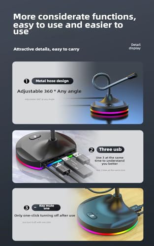 Image of ETZIN USB Computer Microphone with Mute Button and RGB Lighting,Plug&Play USB 3-Port Hub Mic for Conference,Gaming,You,Desktop PC Mic for -Black- EPL-1534UG