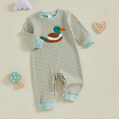 SAYOO Infant Baby Boy Girl Mallard Duck Romper Jumpsuit Green Duck Embroidery One Piece Waffle Overalls Hunting Baby Clothes4