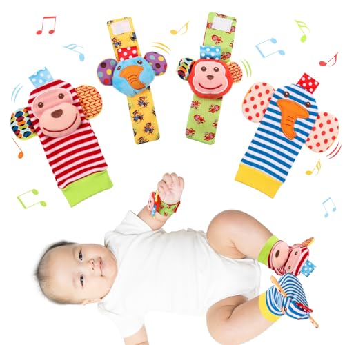 Halinuia 4 Pcs Hochet Bébé 0-3 Mois Poignet et Chaussettes Hochet Bebe Bell Strap Poignet et Pied Finder Jouets D'éVeil Jouet Développement Sensoriel...