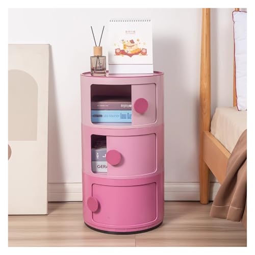 Mesita de noche redonda rosa moderna con cajón de puerta corrediza, armario de almacenamiento para dormitorio, mesas auxiliares con cajones para unidad de almacenamiento de dormitorio