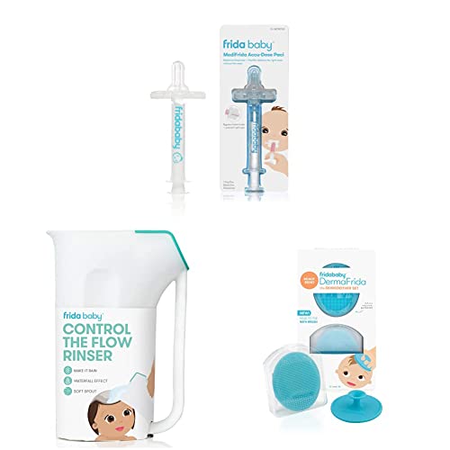 Image of Frida Baby Medi Frida The Accu-Dose Pacifier Baby Medicine Dispenser & Control The Flow Rinser|Bath Time Rinse Cup & DermaFrida The SkinSoother Baby Bath Silicone Brush