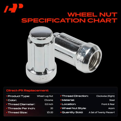 Image of A-Premium Front & Rear 1 /2-20 Wheel Lug Nuts with Socket Key, Set of 21 | Fit For Chrysler & Ford & Jaguar & Lincoln & Mercury & Jeep & Pontiac & Volvo & Dodge & AMC & Buick & Cadillac & Chevy & More