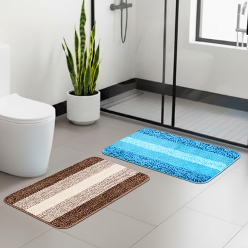 Image of SARAL HOME EASY LIVING Microfiber Striped Rectangle Shaped Anti-Skid Bath Mats|Soft & Super Absorbent Mats for Shower|Washable, Non-Slip & Quick-Drying Mats, 50X70 CM|Set of 2(Turquoise & Brown)