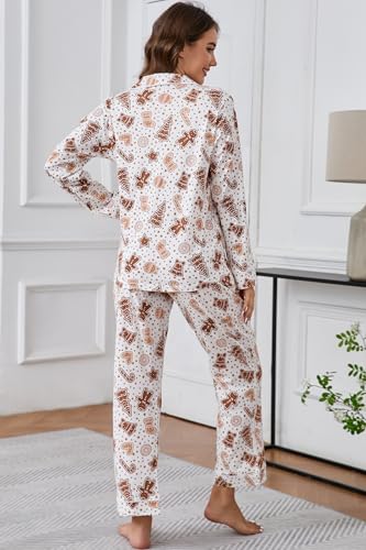 Image of LUBOT Christmas Pajamas for Women 100% Cotton Pajama 2 Piece PJ Set Soft Long Sleeve Button Xmas Print Loungewear XS-XXL