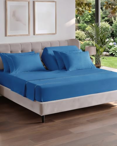 Image of Flex Top Split Head King 6 Piece Sheet Set - Soft & Cooling - Denim Blue | Ultra Soft Hotel Luxury Bedding Set w / 8-16 Inch Deep Pockets, 1 Flat & 1 Split-Head Fitted Sheet & 4 Pillowcases, Fade Free