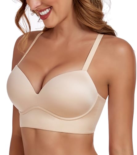 Lemorosy Women's Plunge Push Up Bra Seamless Padded Wireless Comfort Longline Bralette(Beige,32DD)