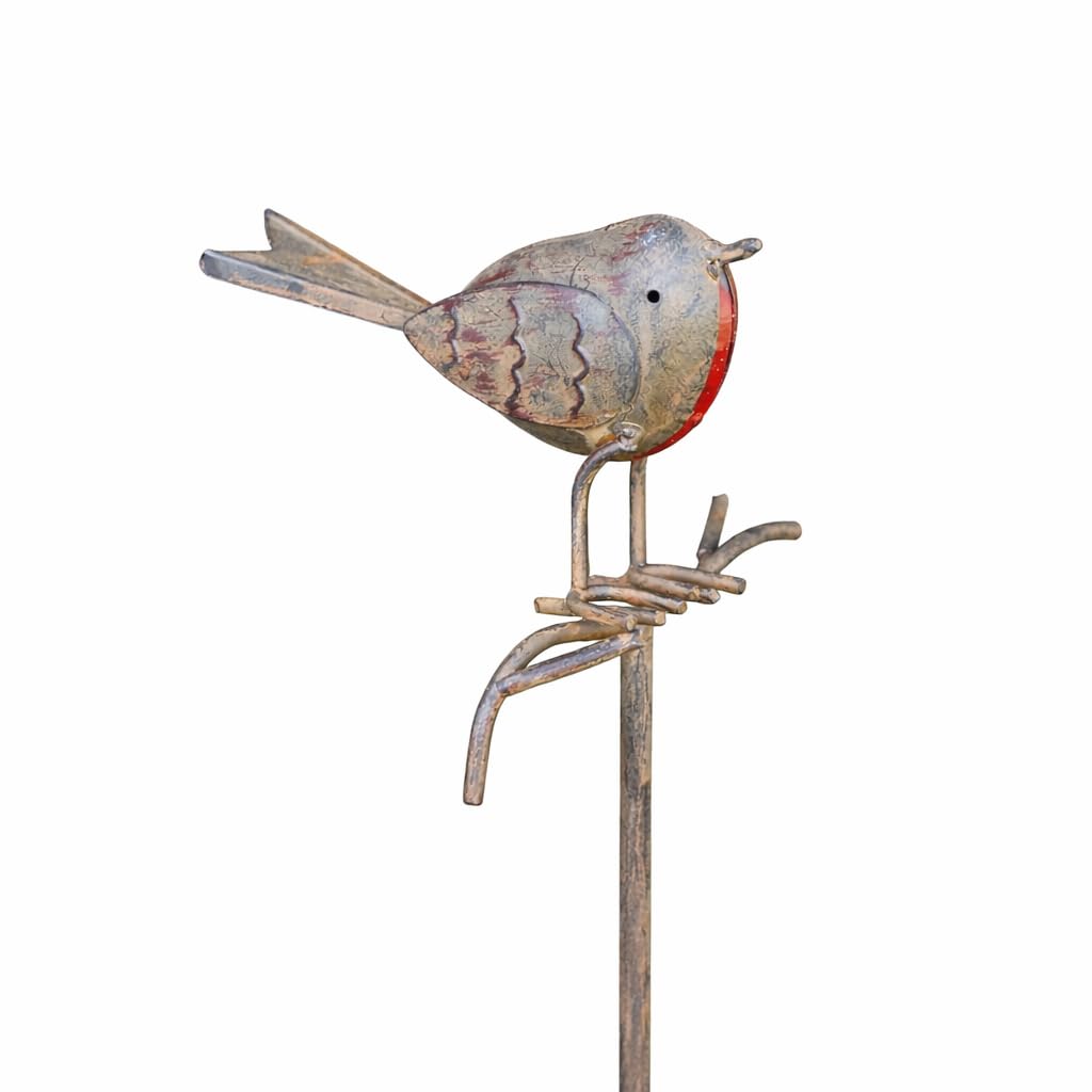 Berpar Metallic Robin On Stick Garden Ornament – Large Metal Tin British Robin Bird Statue, Rustic Outdoor Animal Figure On Stake For Garden, Lawn, Patio, Flower Beds, Borders & Wildlife-Inspired Garden Décor