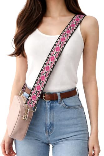 Image of Black Hot Pink Boho Diamond Purse Strap with Silver Hardware 2 Inch Wide Replacement Crossbody Guitar Style Shoulder Strap for Handbags Totes