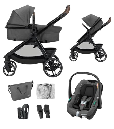 Maxi-Cosi Zelia S Trio2 Passeggino neonati 3 in 1, 0-4 anni, fino a 22 kg, Trio completo con passeggino reclinabile convertibile in carrozzina, seggiolino auto i-Size e borsa passeggino, Grigio Scuro