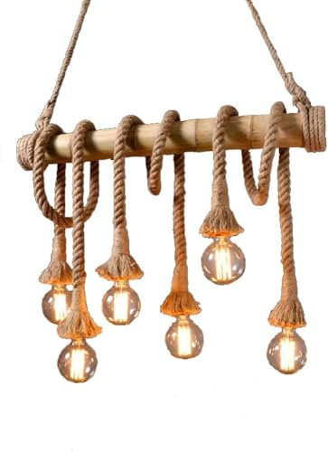 Suspension corde de chanvre et bambou style vintage luminaire 6 lumières pour cuisine