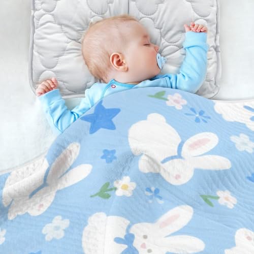 Custom Cute Cartoon White Rabbit Blue Throw Blanket Breathable personalizadas para Name tag Blankets for Girls or Boys 30x40in cobija para4