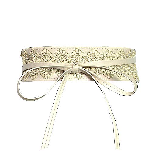 Women's Soft Leather with Lace Waist Belt Bow Tie Wrap Around Boho Corset Fashion Elegant for Dresses (Beige)