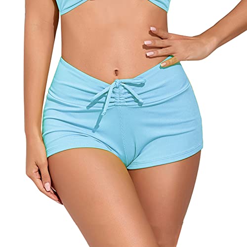 meioro Solid Color Women's Swimsuit Bottoms Tie Front Swimwear Bottom High Waist Drawstring Bikini Shorts Bathing Suits