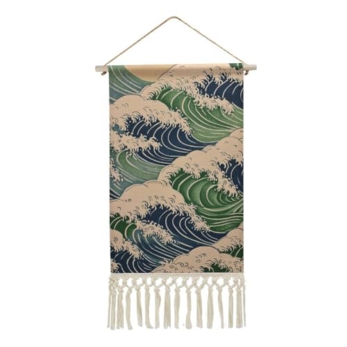 Jubonexis Arazzo da parete in lino, semplici onde giapponesi, verde, beige, blu, poster da parete vintage con nappe e asta in legno