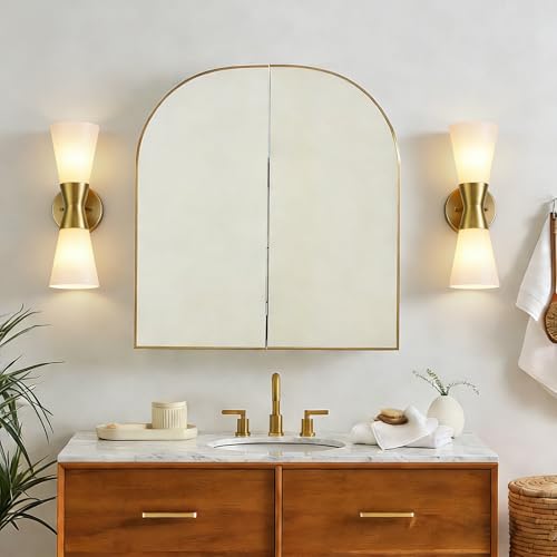 Image of Wall Sconces Set of 2 for Bathroom, Modern Indoor Vanity Light Fixtures 15 inch, Up Down Lighting, Wall Mount Lamp for Living Room Bedroom Hallway Stairway Fireplace Mirror E26 Base 2PC White&Gold