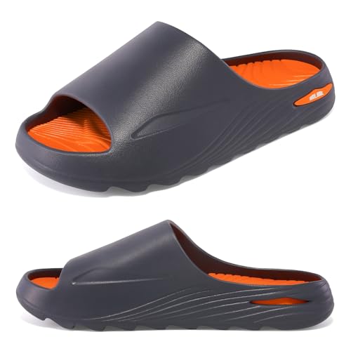 HMLHML Mens Recovery Slides - Orthotic Arch Support Sandals for Plantar Fasciitis,Comfortable Cushioned Sport Slides with Open Toe, Reduces Foot & Joint Stress, Size 13(Grey-Orange)