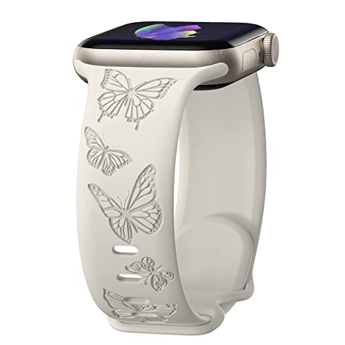 Image of Butterfly Engraved Bands Compatible with Apple Watch Band 41mm 40mm 38mm 49mm 46mm 49mm 46mm 45mm 44mm 42mm Women, Silicone Sport Strap for iWatch Series SE 10 9 8 7 6 5 4 3 2 1 SE Ultra