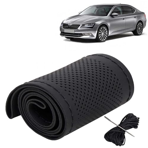 Image of KINGSWAY PU Leatherite Car Steering Cover Sewable Compatible with Skoda Superb (Year 2015-2019), Black Color with Black Thread, Pack of 1 with Sewing Needle and Thread