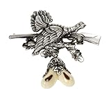 4,2 x 4,9 cm Schnabel-Schmuck Herren-Brosche Jagdabzeichen Auerhahn mit Kunststoffgrandl + Gewehr Versilbert gebürstet - 001039/V178