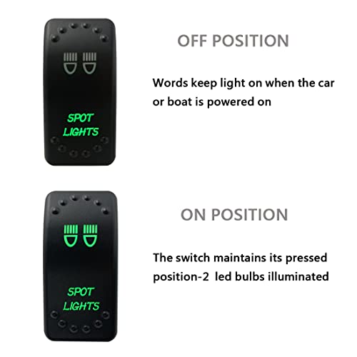 Image of Green Backlit Rocker Switch 5 Pin ON-Off Laser Etched Button Switch with Wires for Car Marine Boat UTV 20A /12V 10A /24V (SPOT Lights)