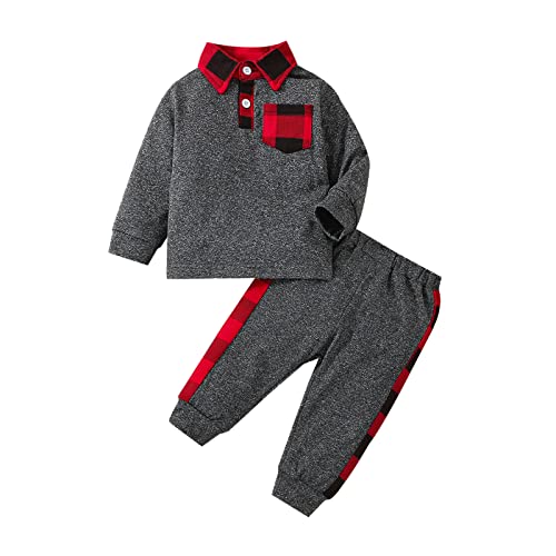 OFIMAN Conjunto de ropa de bebé niño con capucha a cuadros para niños y niñas, conjunto de sudaderas de manga larga + pantalones, Cuadros grises, 6-12 Meses Cover
