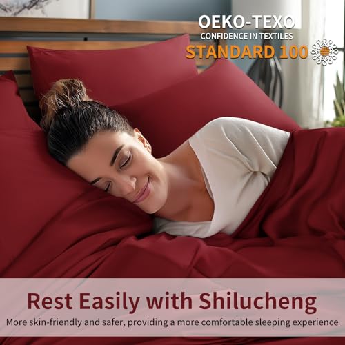 Image of Shilucheng 6 Piece California King Sheet Sets, Cooling Sheets, Blend Rayon Derived from Bamboo, Deep Pocket Up to 16 inch, Breathable & Soft Bed Sheets, Hotel Silky Bedding Set, Burgundy