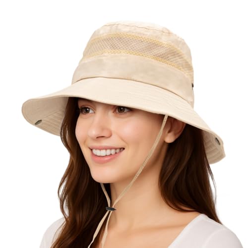 Yikki Sombrero Safari para mujer – Sombrero para el sol con protección UV con diseño plegable y malla transpirable – Correa ajustable para la barbilla – Ala ancha – Sombrero de verano para camping