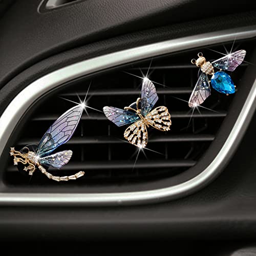 Bee Butterfly Dragonfly Car Aromatherapy Diffusers - 3 Pcs Air Fresheners Vent Clips for Car Decoration & Interior Decor (Blue)